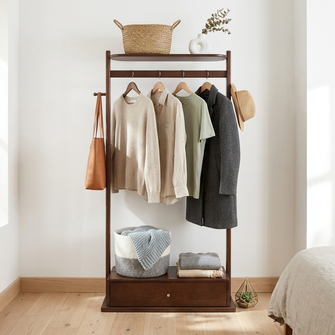 GESSO RACK-1 GESSO Wooden Garment Rack With 1 Drawer-Walnut - Image 1