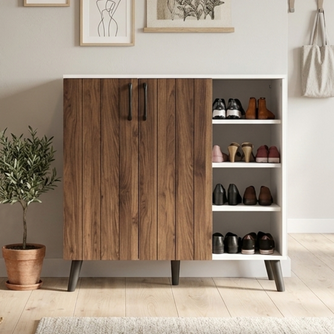 KAGAN SHOE-1 KAGAN 115cm 3 Door Shoe Cabinet-Walnut+White - Image 1