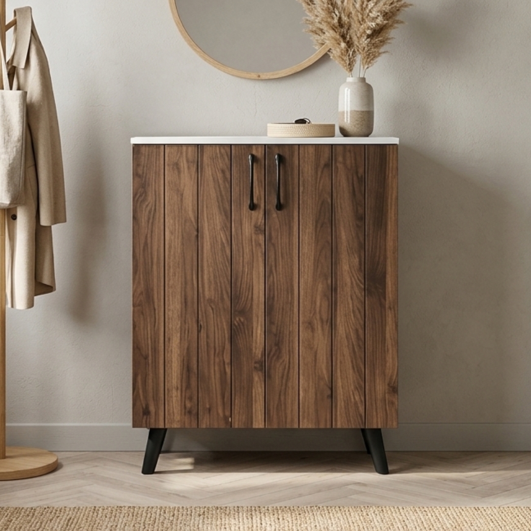 KAGAN SHOE-2 KAGAN 77cm 2 Door Shoe Cabinet-Walnut+White - Image 1