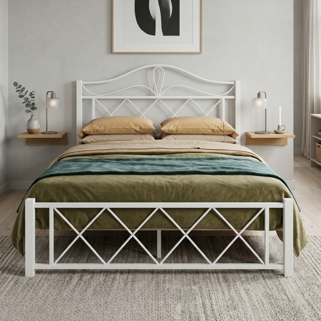 KENT BED-1 KENT Queen Size Metal Bed-White - Image 1