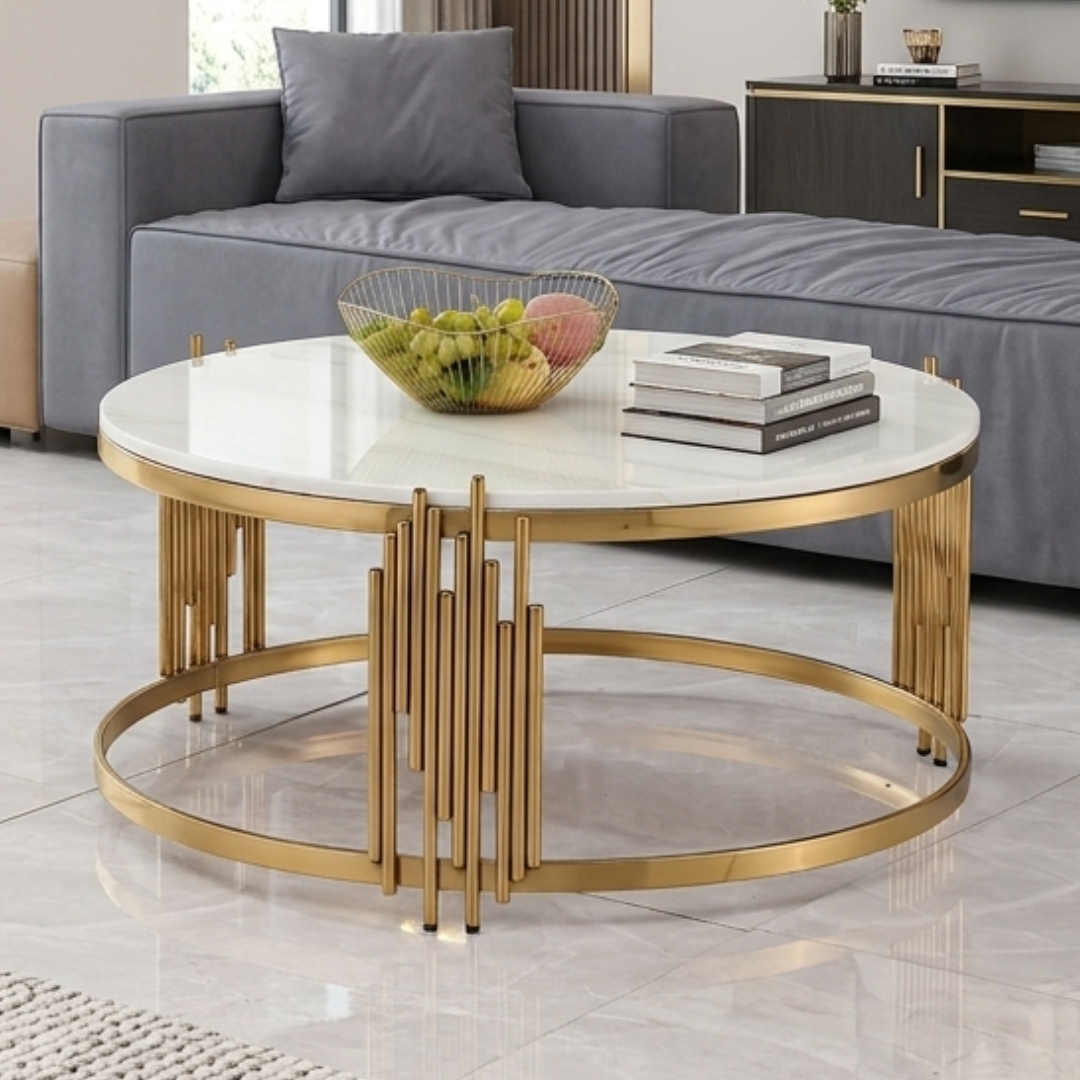 MILLER 934-2 MILLER D90cm Marbler Top Round Coffee Table-Gold - Image 1