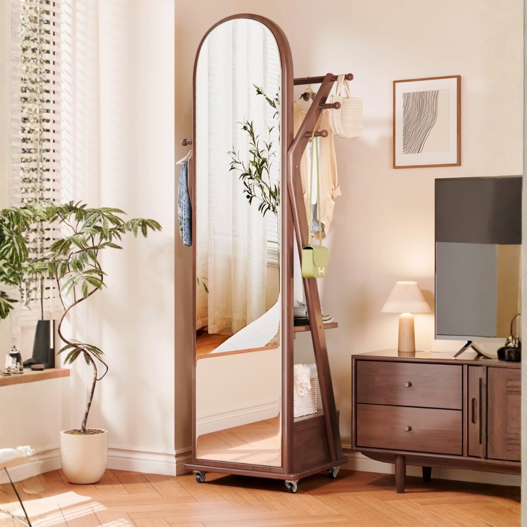 RIPPLE MIRROR-1 RIPPLE Wooden Standing Mirror With Garment Storage-Walnut - Image 1