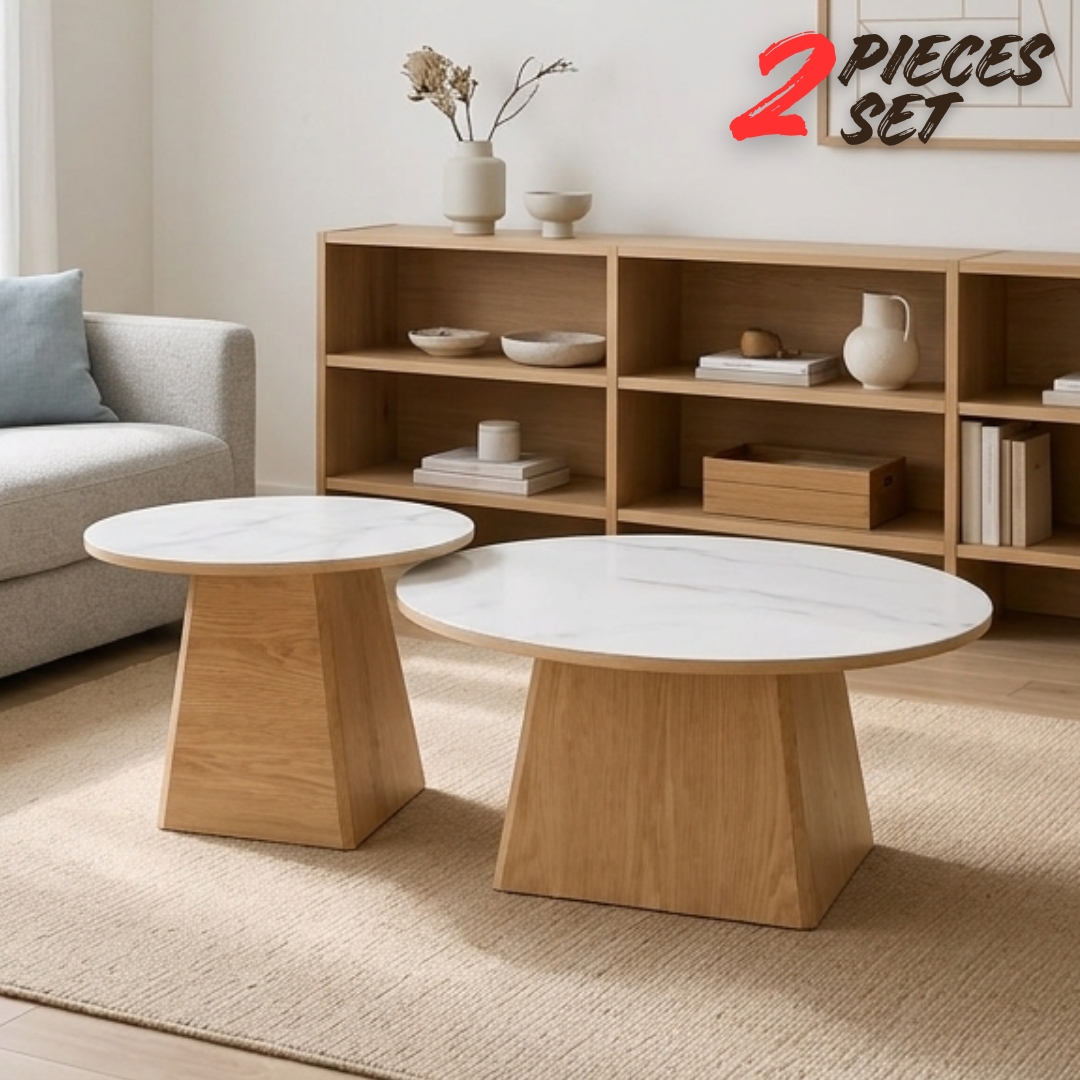 TENNEY CT-2 TENNEY Round Glasstop Nesting Coffee Table-Oak - Image 1