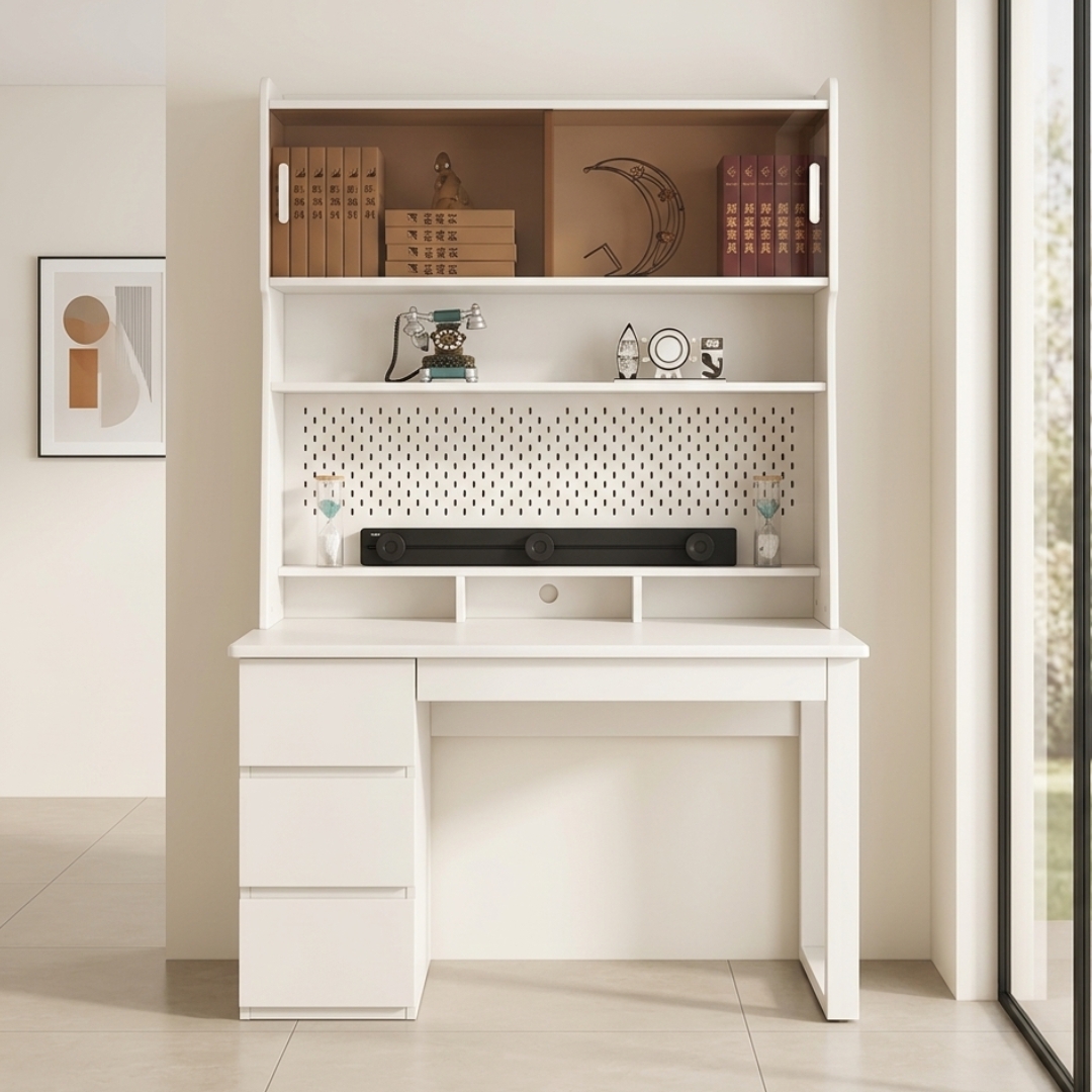TOBI WHITE-3 TOBI 120cm Wooden Study Desk With Hutch-White - Image 1