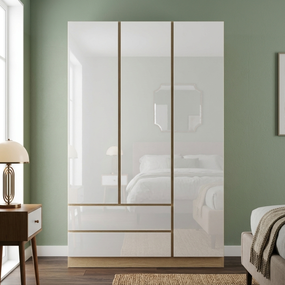 TRENCH 3D2D-2 TRENCH 3 Door 2 Drawers High Gloss Wardrobe-Oak+White - Image 1