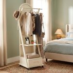 RIPPLE Wooden Standing Mirror With Garment Storage-Cream White - Image 2