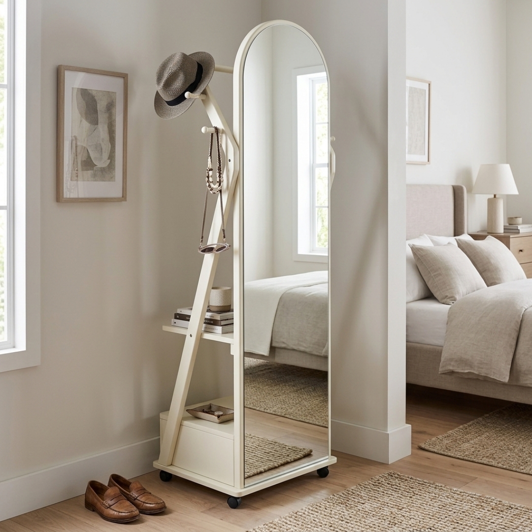 CY07-WHT RIPPLE WHT-3 RIPPLE Wooden Standing Mirror With Garment Storage-Cream White - Image 1
