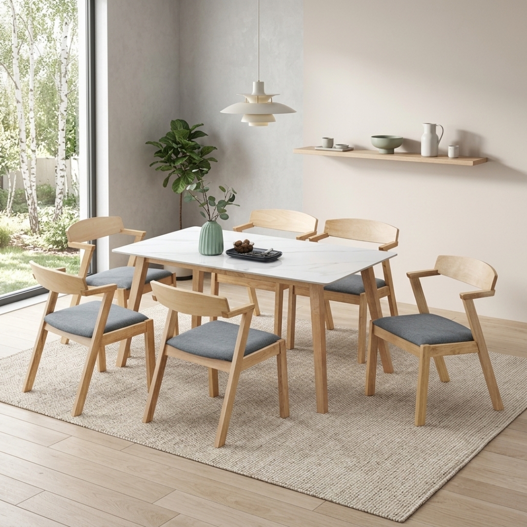DATUM 6S-2 DATUM Sintered Stone Top 6 Seater Dining Set-Natural - Image 1
