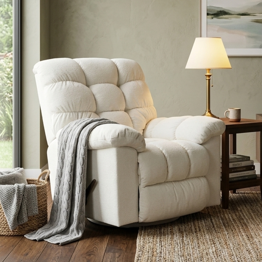 PUFF CREAM-1 POUF Soft Dimity Fabric Recliner Sofa-Cream - Image 1