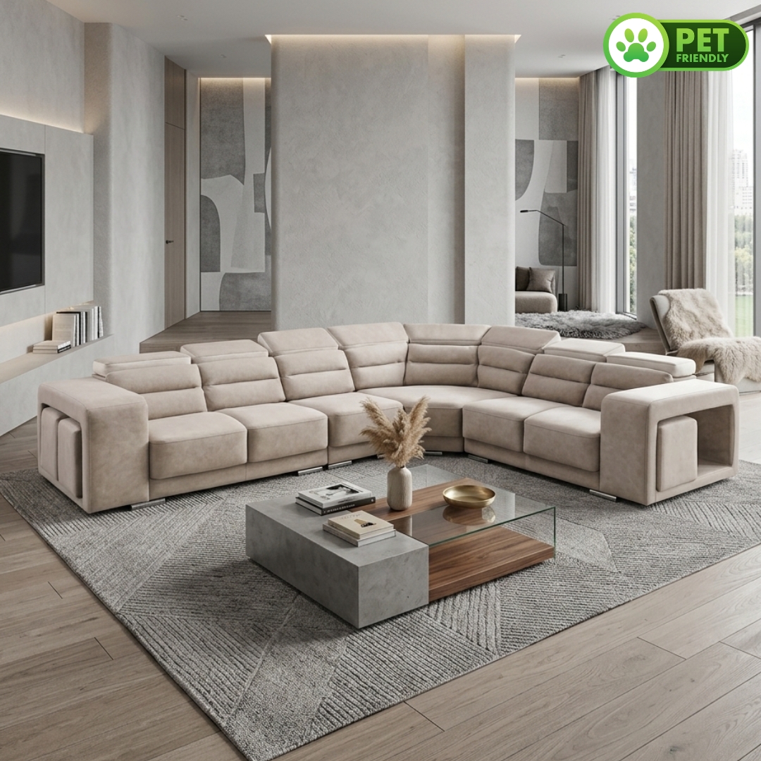 SPIRAL BROWN-2 SPIRAL 6 Seater Pet Friendly Corner Sofa-Brown - Image 1