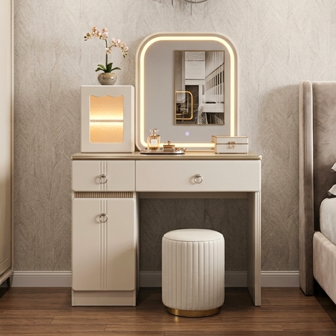 STUDIO DRESSING-1 STUDIO 100cm LED Mirror Dressing Table Set-Cream - Image 1