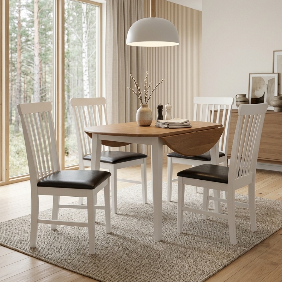 DUSK 4S-2 DUSK 4 Seater Drop Leaf Extension Round Dining Set-White - Image 1